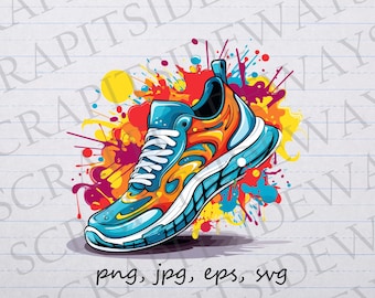 May include: A blue, orange, and yellow sneaker with white laces and a colorful paint splatter background.