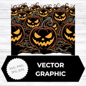 Peut inclure: Graphique vectoriel de citrouilles sculptées avec des visages orange lumineux, sur fond sombre. Le texte « VECTOR GRAPHIC » et les options de type de fichier sont inclus, idéal pour Halloween.