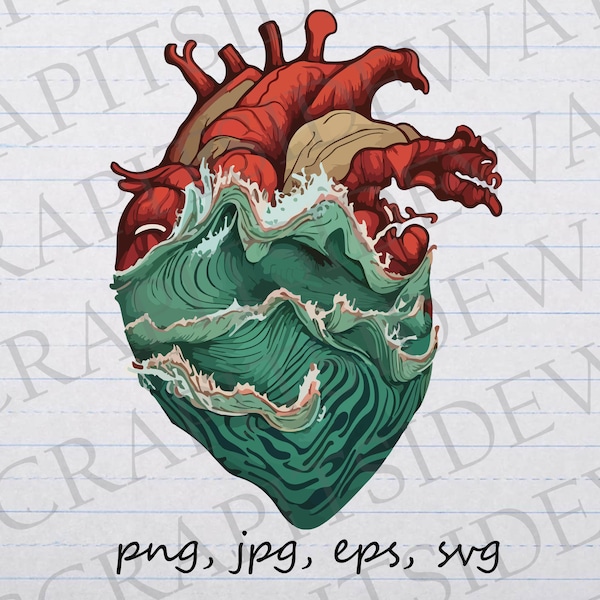 Heart with waves clipart vector graphic svg png jpg eps anatomical heart made of waves ocean