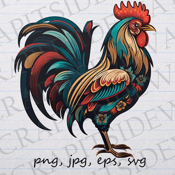 Folk art rooster clipart vector graphic svg png jpg eps pretty bird