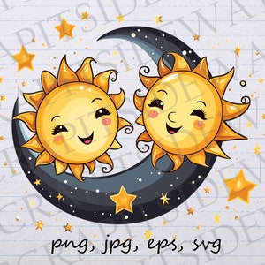 Lachende zon maan en sterren glinsterende clip art clipart vectorafbeelding svg png jpg eps, gelukkige hemel, gelukkige zon, schattige hemelsterren, gelukkige nachtelijke hemel