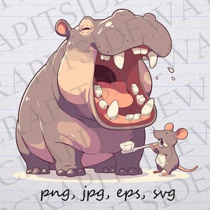 Słodki hipopotam myjący zęby clipart clipart grafika wektorowa svg png jpg eps, mysz myjąca zęby, słodki hipopotam, mysz dentysta, czyste zęby