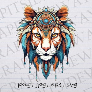 Boho Lion clip art clipart gráfico vetorial svg png jpg eps adesivo design gato selvagem, leão boho, animal, rei da selva
