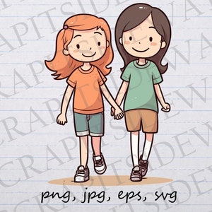 Cute girl best friends clip art clipart vector graphic svg png jpg eps, little girls, besties, cute girls, friends, friendship, kids