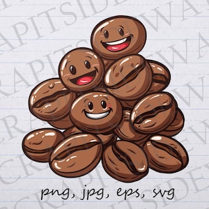 May include: A cartoon illustration of a pile of coffee beans with smiling faces. The beans are brown and have a light brown outline. The beans are arranged in a pyramid shape.