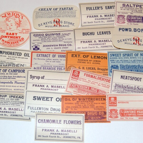 Lot of 20 Vintage Apothecary Labels Pharmacy Chemist Medicine Bottles for Scrapbooking Crafts Collage Altered Art (Lot 2)