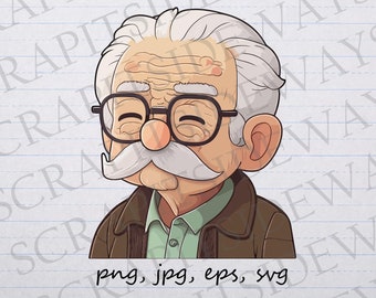 Cute old man clipart vector graphic svg png jpg eps grandpa kawaii t-shirt design sticker design