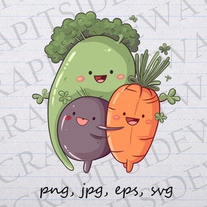 Mignon kawaii légumes clipart vectoriel svg png jpg eps jardin végétarien végétalien plantes brocoli aubergine carotte légumes