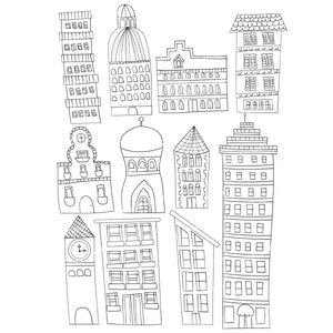 Set of 11 Doodle Buildings City Graphics Clipart Images Apartment Clock Tower Skyscraper House High Rise Instant Download