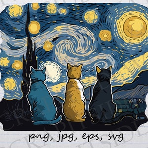 Sternenklare Nacht Katzen Clipart Vektorgrafik svg png jpg eps Van Gogh inspirierter Kitty Kätzchen