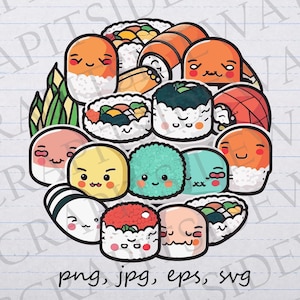 Kawaii Sushi clip art clipart vector graphic svg png jpg eps, cute food, cute sushi