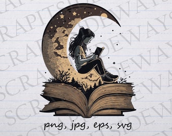 Girl reading with the moon clipart vector graphic svg png jpg eps t-shirt design sticker design celestial book lover