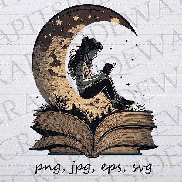 Girl reading with the moon clipart vector graphic svg png jpg eps t-shirt design sticker design celestial book lover