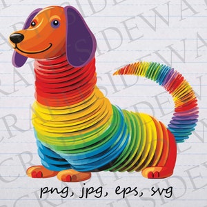 Tęczowy piesek slinky clip art clipart grafika wektorowa svg png jpg eps, rozciągliwy piesek, zabawny piesek, miłośnik psów, zabawka dla psa
