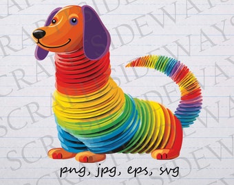 Rainbow slinky dog clip art clipart vector graphic svg png jpg eps, stretchy dog, funny dog, dog lover, dog toy