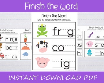 9 Page finish the word worksheet printable instant download educational homeschool Kindergarten grade 1 spelling reading activity