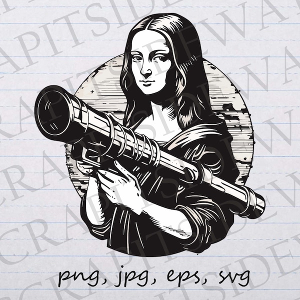 Mona Lisa holding a bazooka clipart vector graphic svg png jpg eps funny classical painting arms weapon gun