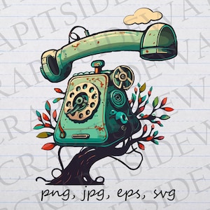 Whimsical phone in tree clipart vector graphic svg png jpg eps rotary phone