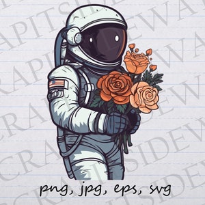 Astronaut hält Blumen Clipart Vektor Grafik svg png jpg eps Weltraum Weltraumforscher Astronaut mit Rosen