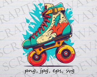 Puede incluir: Una ilustración colorida de un patín de ruedas vintage con un esquema de color azul verdoso, naranja y amarillo. El patín tiene una bota de cuero blanco con cordones rojos y una hebilla amarilla. Las ruedas son rojas, naranjas y amarillas.