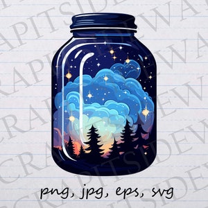 Nachtelijke hemel in een mason jar glinsterende clip art clipart vectorafbeelding svg png jpg eps mason jar, mason jar twilight, mason jar maanverlichte nacht