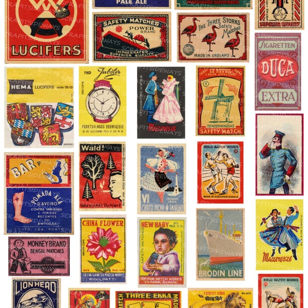 Vintage Matchbox Labels Digital Collage Sheet INSTANT DOWNLOAD Printable Images Tobacco Cigarettes