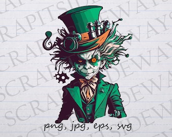 Futuristic mad hatter clipart vector graphic svg png jpg eps sci fi alice in wonderland scary spooky t-shirt design sticker design