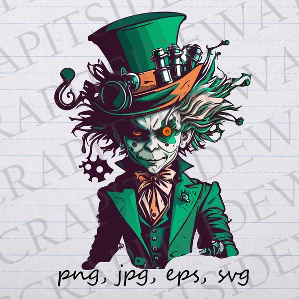 Futuristic mad hatter clipart vector graphic svg png jpg eps sci fi alice in wonderland scary spooky t-shirt design sticker design