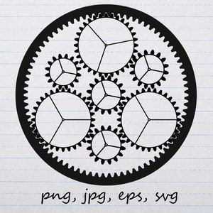 Puede incluir: Ilustración en blanco y negro de un conjunto de engranajes interconectados. Los engranajes están dispuestos en un círculo y tienen un diseño decorativo e intrincado.
