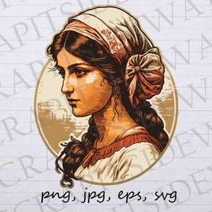 Vintage femme rom femme clipart clipart vectoriel svg png jpg eps mystique, voyante, gitane