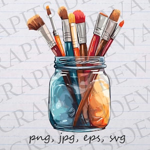 Może przedstawiać: Szklany słoik wypełniony różnymi pędzlami. Pędzle są w różnych kolorach i rozmiarach i są ułożone w przypadkowy wzór. Słoik stoi na białym tle.