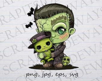 Lindo Frankenstein con peluche clipart vector gráfico SVG PNG JPG EPS monstruo espeluznante lindo Halloween