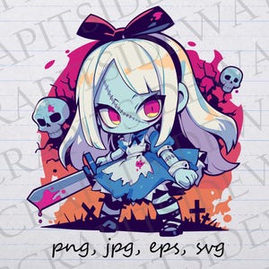 Alicja w Krainie Czarów zombie zabójca clipart clipart grafika wektorowa svg png jpg eps, fantasy, gotycki, łowca zombie, kreskówkowy zombie zabójca