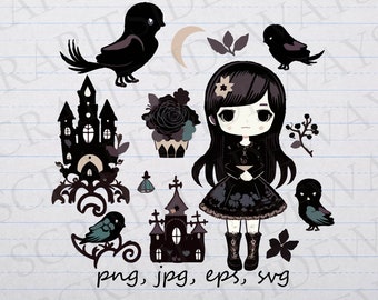 13 piece cute goth girl clipart set svg Vector clipart png spooky creepy cute gothic birds