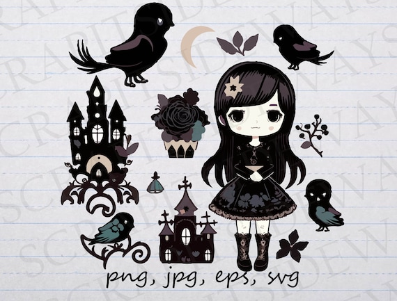 13 piece cute goth girl clipart set svg Vector clipart png spooky creepy cute gothic birds