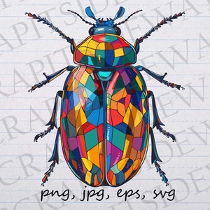 May include: A colorful, abstract illustration of a beetle with a mosaic-like pattern. The beetle is drawn in a cartoon style with a large, round body and long, thin legs.
