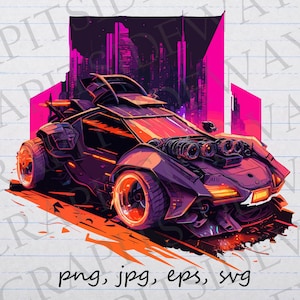 May include: A futuristic, black and purple car with orange wheels, set against a backdrop of a pink and purple cityscape.