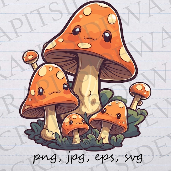 Cute Kawaii Mushroom mom and babies clipart vector graphic svg png jpg eps, mycology, fungi, shrooms, happy mushrooms, mushroom kids