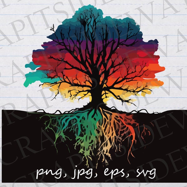 Colorful tree with roots clipart vector graphic svg png jpg eps psychedelic