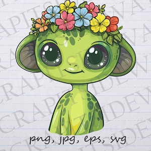 Cute green alien with flowers clip art clipart vector graphic svg png jpg eps, little green men, extraterrestrial, floral alien, cartoon