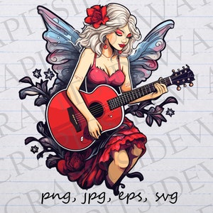 Fada com guitarra clipart gráfico vetorial svg png jpg eps design de camiseta músico rock and roll violão