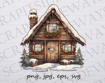 Rustic Christmas house clip art clipart vector graphic svg png jpg eps t-shirt design sticker design, xmas house, winter house, winter scene