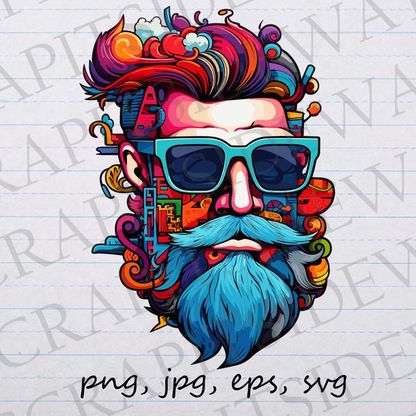 Funky psychedelic Hipster clipart vector graphic svg png jpg eps colorful man, psychedelic man, man with beard, rainbow hipster, rainbow man