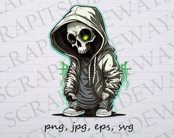 Hip hop Skeleton clipart vector graphic svg png jpg eps sticker design t-shirt design skull skeleton in hoodie graffiti