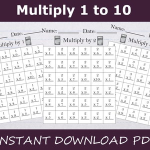 May include: A printable worksheet with three sections for practicing multiplication. Each section has a title, "Multiply by 1", "Multiply by 2", and "Multiply by 3". Each section has a grid of 10 x 10 squares with numbers 1 through 10 listed across the top and down the side. The worksheet is designed for students to practice multiplication facts.