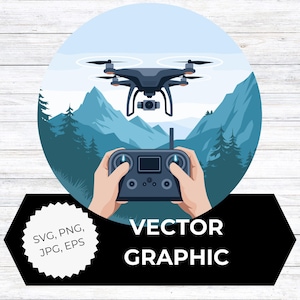 Puede incluir: Ilustración gráfica vectorial de un dron en vuelo, con un mando a distancia en las manos. El fondo presenta montañas y árboles. La imagen incluye el texto "VECTOR GRAPHIC" y opciones de tipo de archivo.