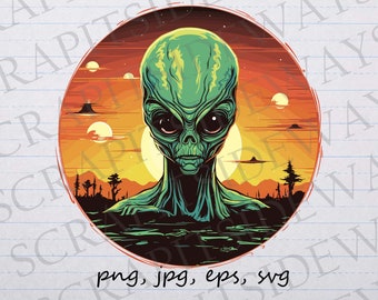 Scary Alien clip art clipart vector graphic svg png jpg eps sticker design t-shirt design, horror, extra terrestrial, ET