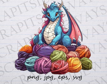 Dragon avec fil clipart vectoriel graphique svg png jpg eps, tricot, crochet, cachette de fil, trésor de fil, cachette de fil