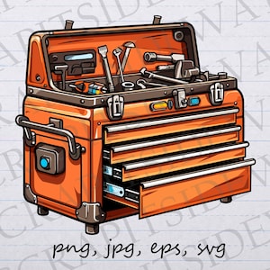Puede incluir: Una caja de herramientas naranja con una tapa con bisagras y varios cajones. La caja de herramientas está abierta y llena de varias herramientas, incluyendo llaves, destornilladores y alicates.