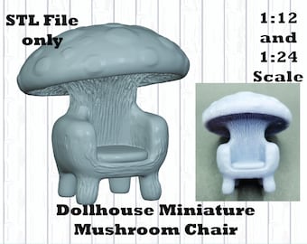 Mushroom Chair Dollhouse Miniature STL File, resin printing, 3D printing file, Digital Download, 1/12 scale and 1:24 scale, fairy garden